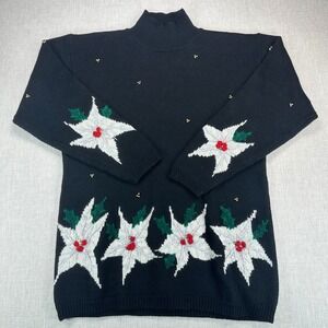 Signature Expressions Sweater Womens M Black Poinsettia Beaded Christmas Vintage